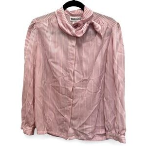 Vintage 1980s Caribou Striped Button Down Blouse With Puff Sleeves Size 14